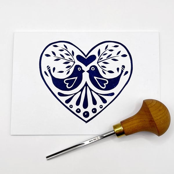 Blue Love Birds Card, Original Lino Print 