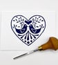 Blue Love Birds Card, Original Lino Print 