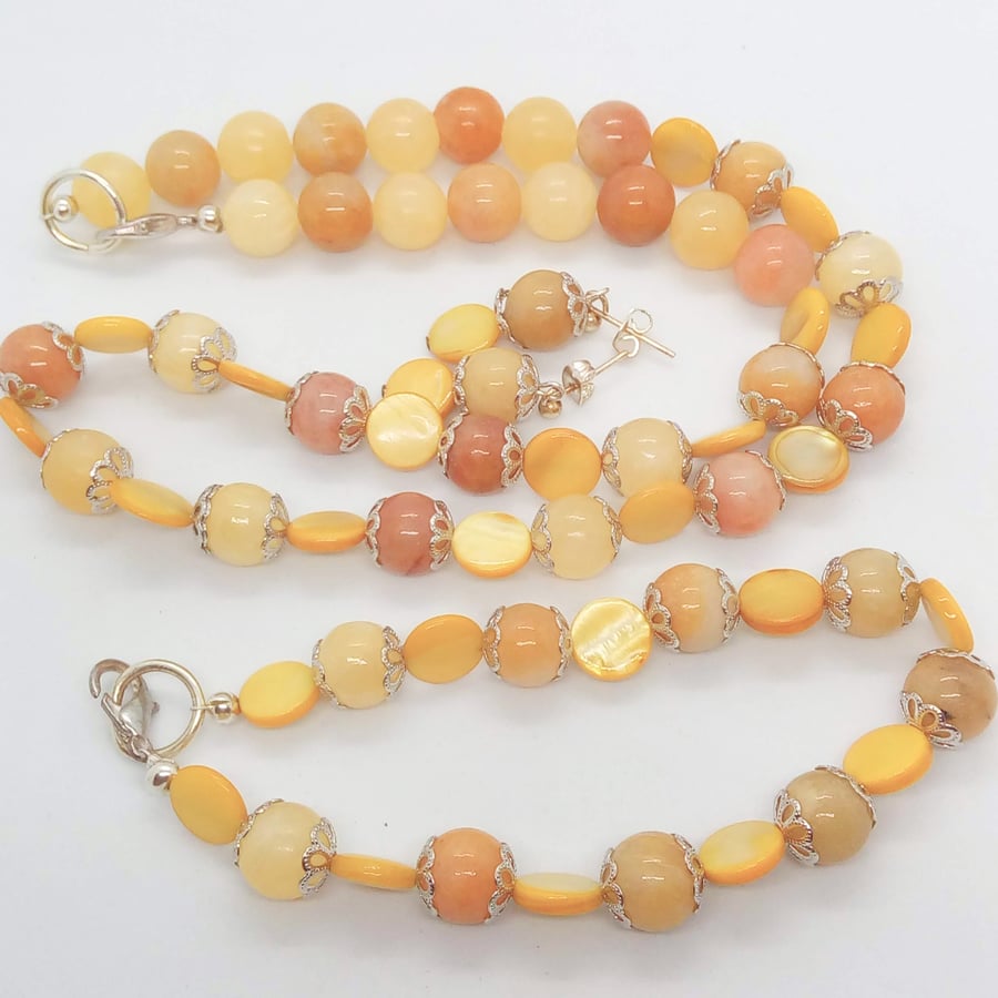 Yellow Mother of Pearl and Lemon Jade Bead 3 Piece Jewellery Set, Gift for Her
