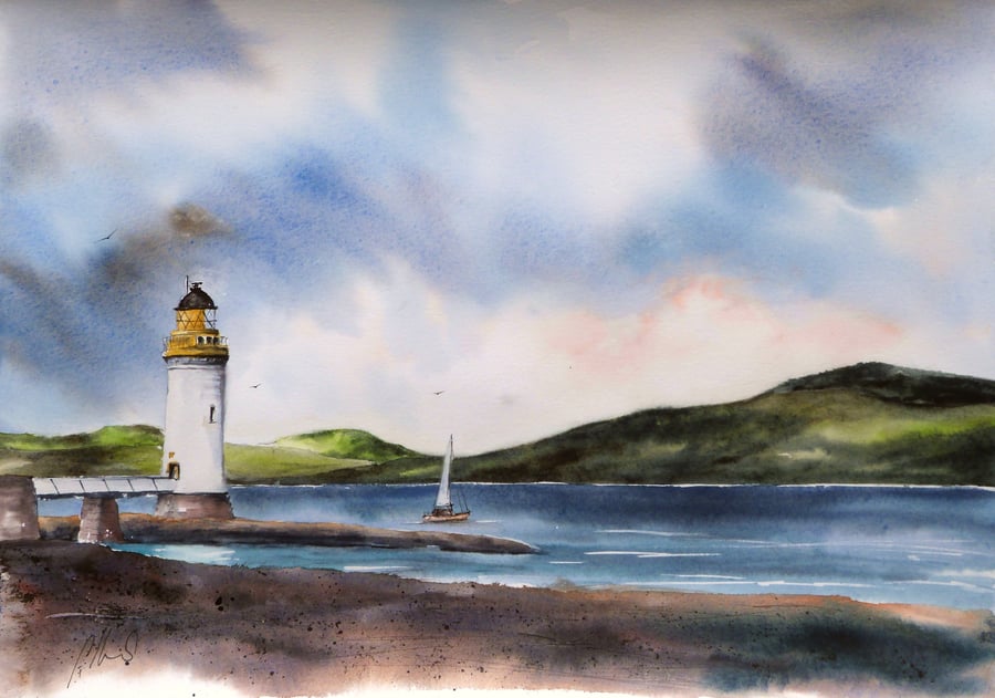 Rubha nan Gall lighthouse, Original Watercolour Painting.