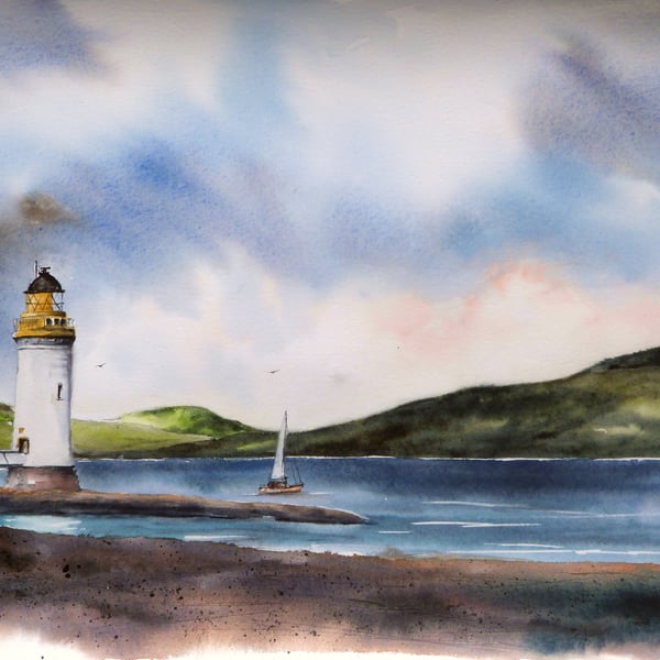 Rubha nan Gall lighthouse, Original Watercolour Painting.