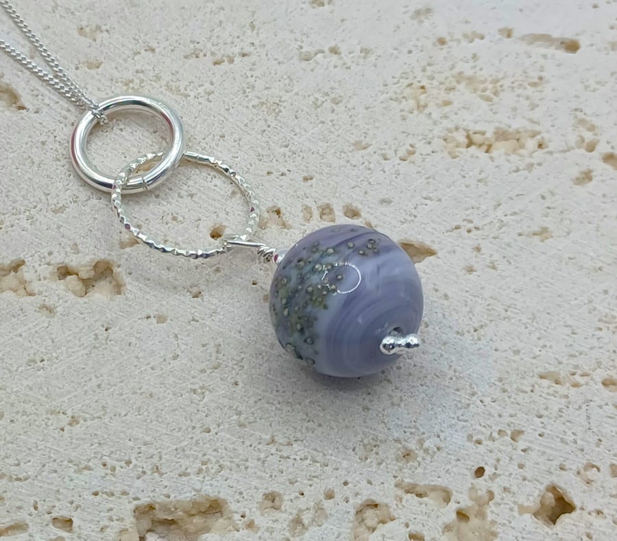 Purple and Silver Lampwork Glass Pendant, Sterling Silver Pendant, Sparkly Silve