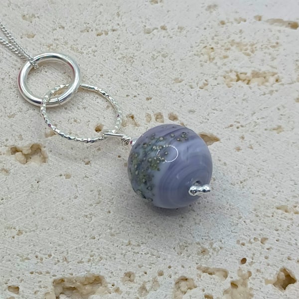 Purple and Silver Lampwork Glass Pendant, Sterling Silver Pendant, Sparkly Silve