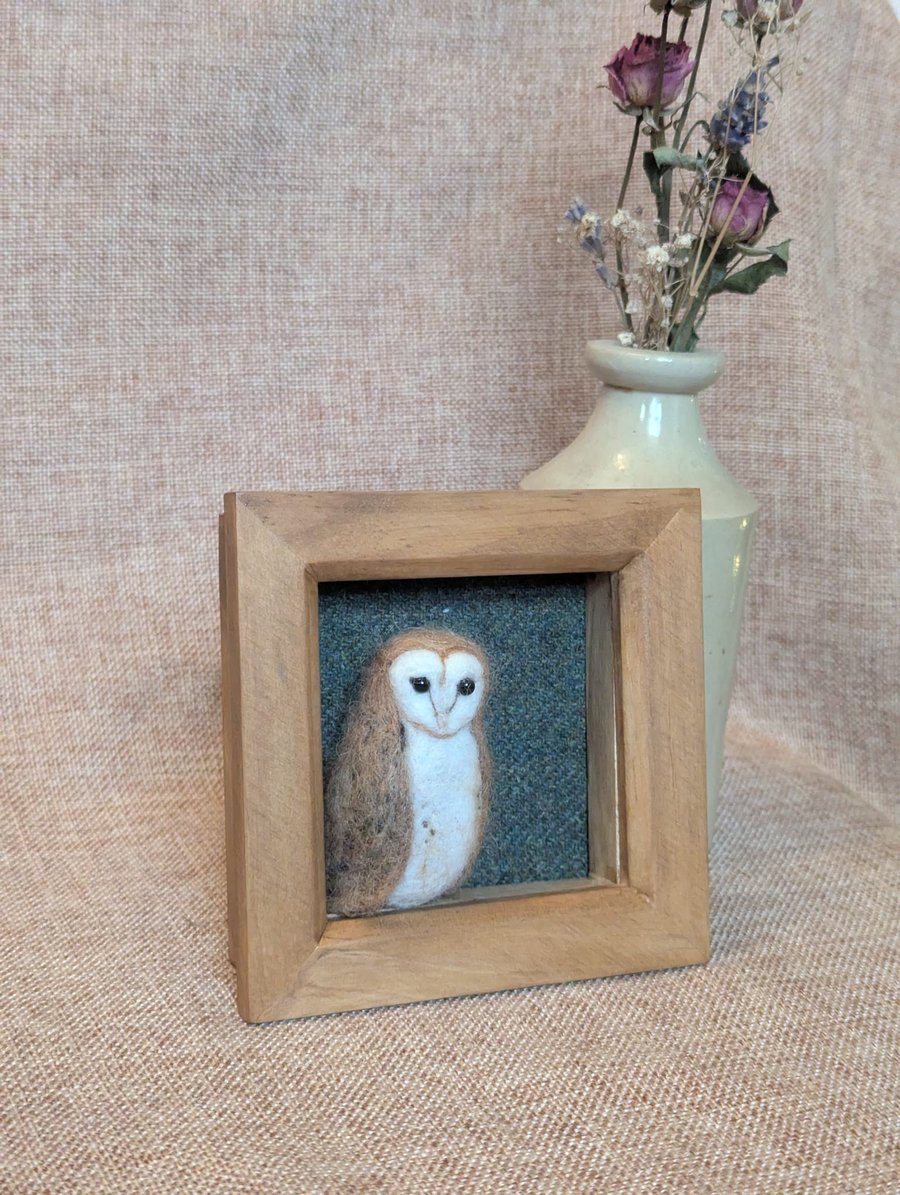 Needle Felt Barn Owl in a Wood Stained Box Frame 6"x6"