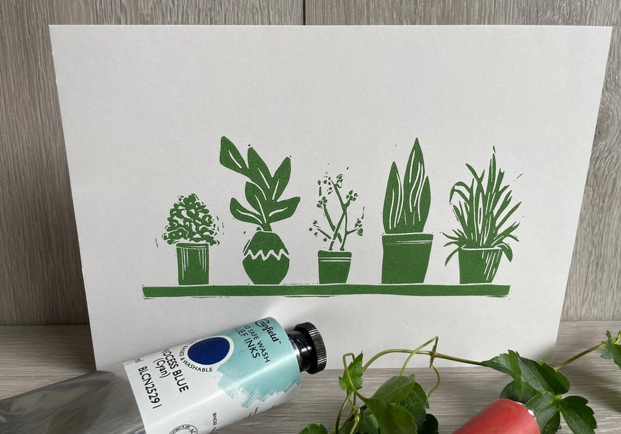 Original house plants on a shelf linocut print