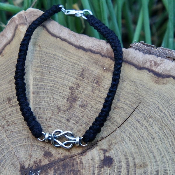 Black Linen Bracelet with Silver Love Knot, Fourth Wedding Anniversary Gift, Uni