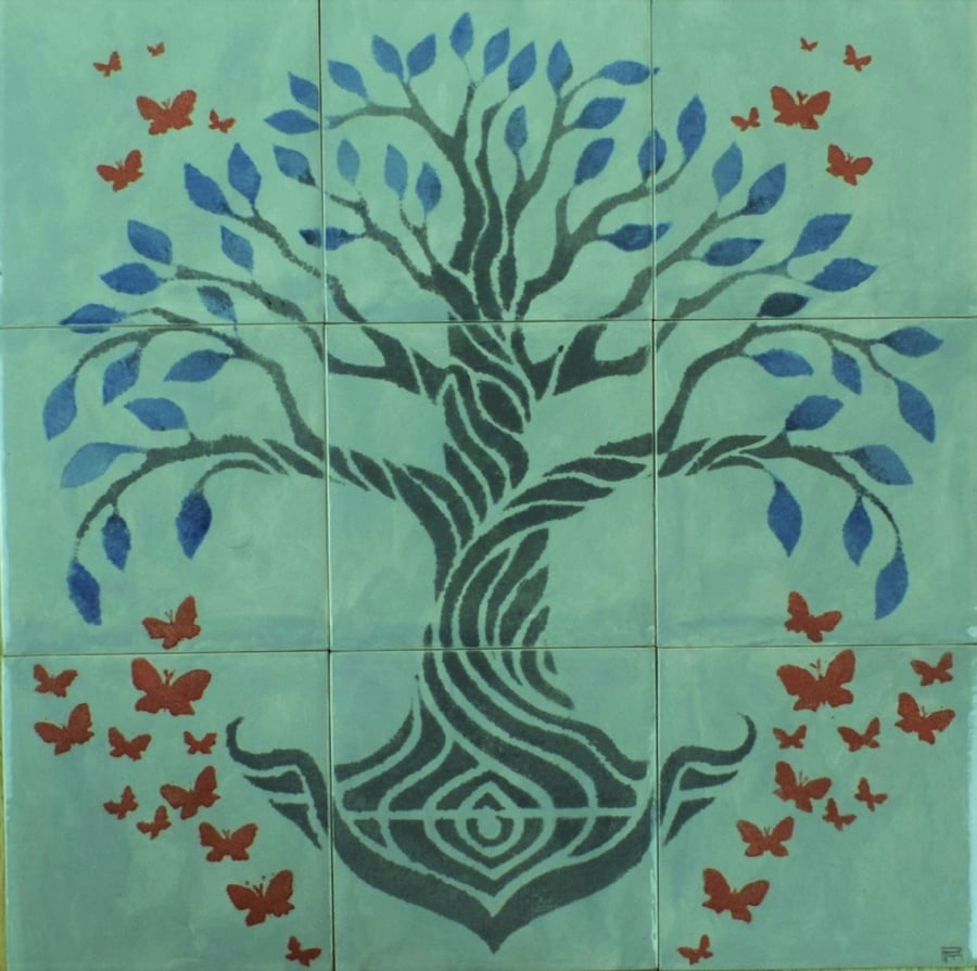 Grey Tiles, Tree of Life Wall Art, Backsplash.