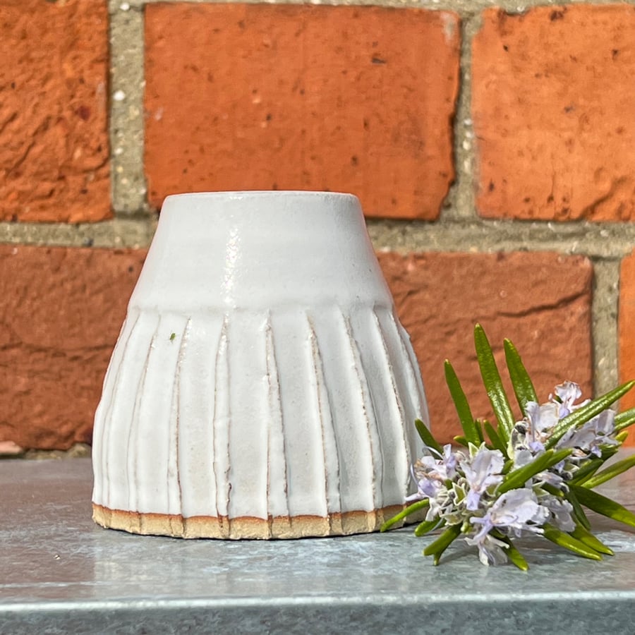 Hand thrown & carved white pottery bud vase