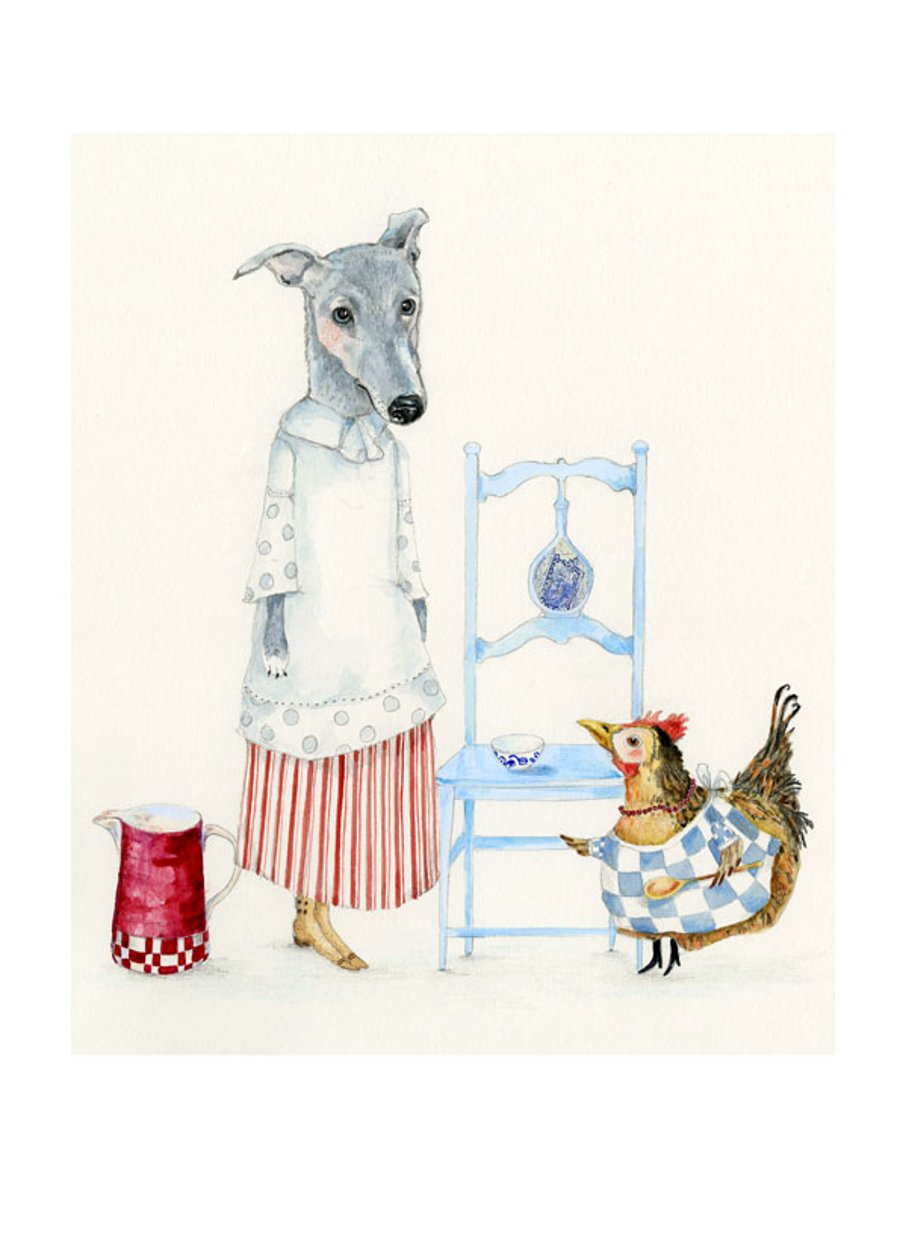 Dog and Chicken kitchen maids A4 Giclee print