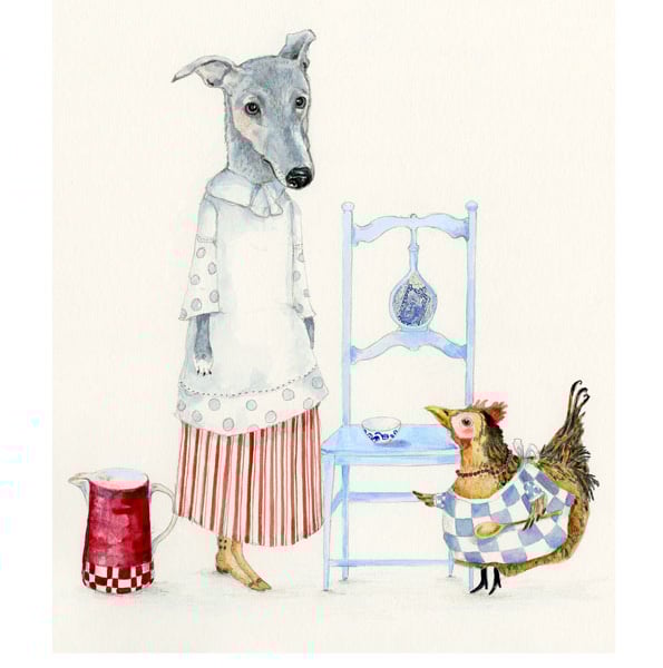 Dog and Chicken kitchen maids A4 Giclee print