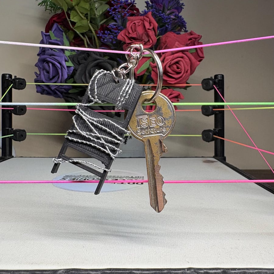Barbed Wire steel chair keyring: Pro Wrestling key chain, Handmade