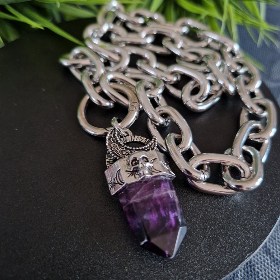 Amethyst Crystal Skull Gothic Necklace Lightweight Chain