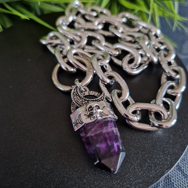 Amethyst Crystal Skull Gothic Necklace Lightweight Chain