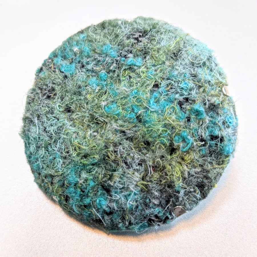 Blue Green Abstract Embellished Recycled Textile 50mm Brooches