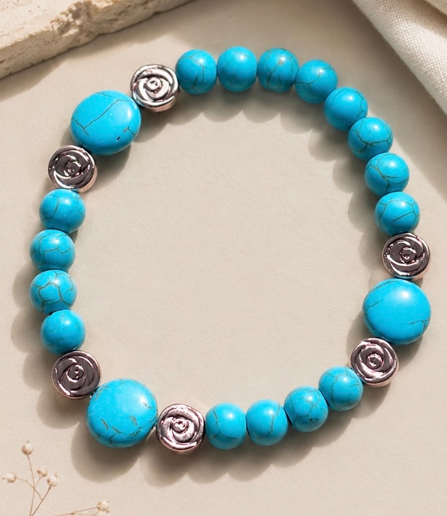 Turquoise & Rose Gold Stretch Bracelet 
