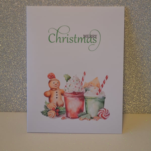 Merry Christmas Card – Festive Holiday Greeting with Gingerbread & Hot cocoa