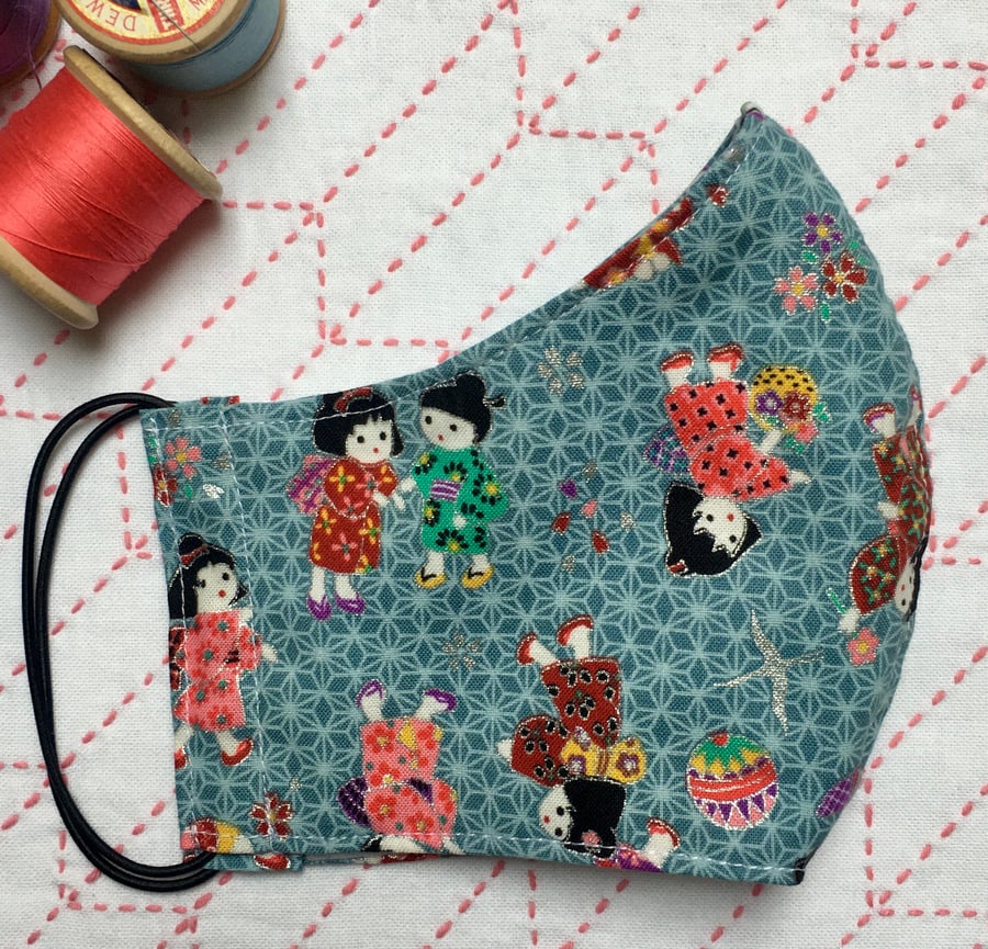 Blue Japanese Children Cotton Face Mask with Nose Wire & Pocket Reusable