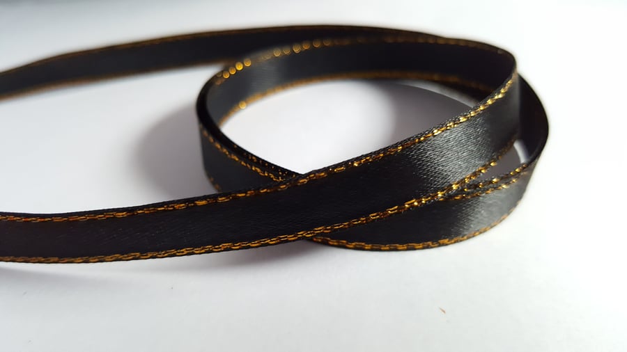 3m Satin Ribbon - Gold-Edged - 10mm - Black 