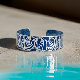 Abstract blue bangle, metal cuff bracelet. Can be personalised. (829)