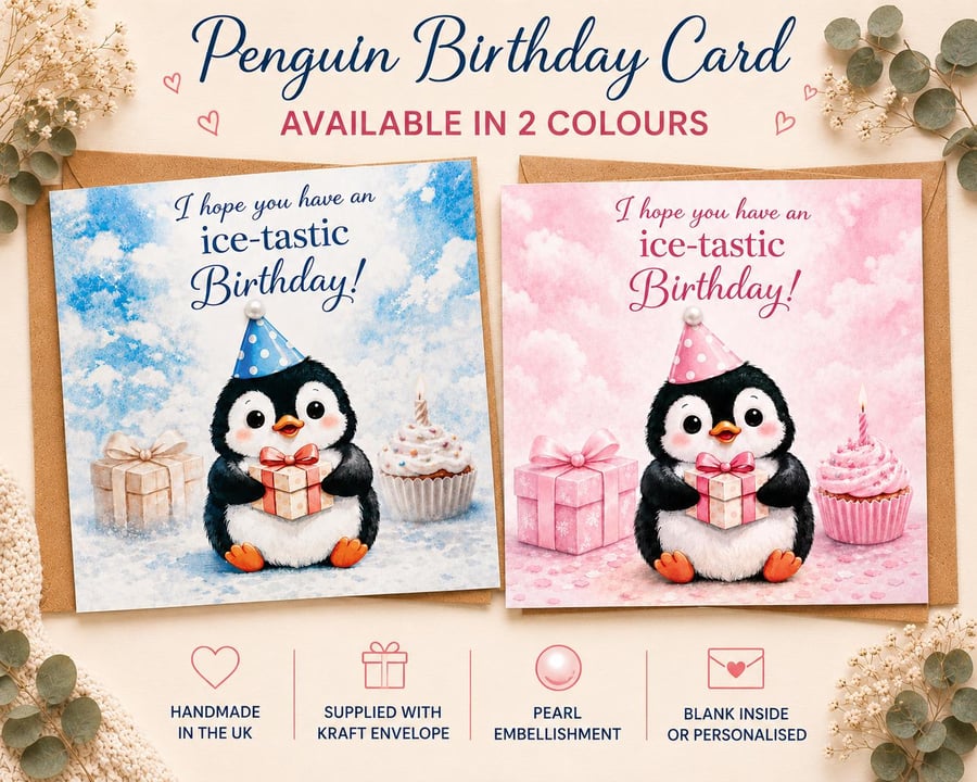 Penguin Birthday Card - Pearl Embellishment, Kraft Envelope