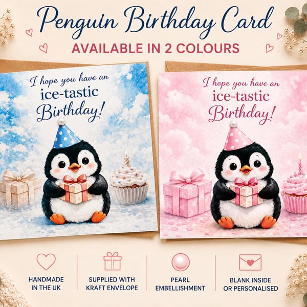 Penguin Birthday Card - Pearl Embellishment, Kraft Envelope
