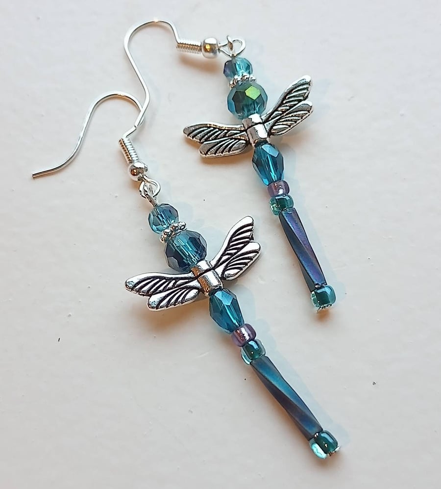 Teal Dragonfly handmade beaded earrings. 