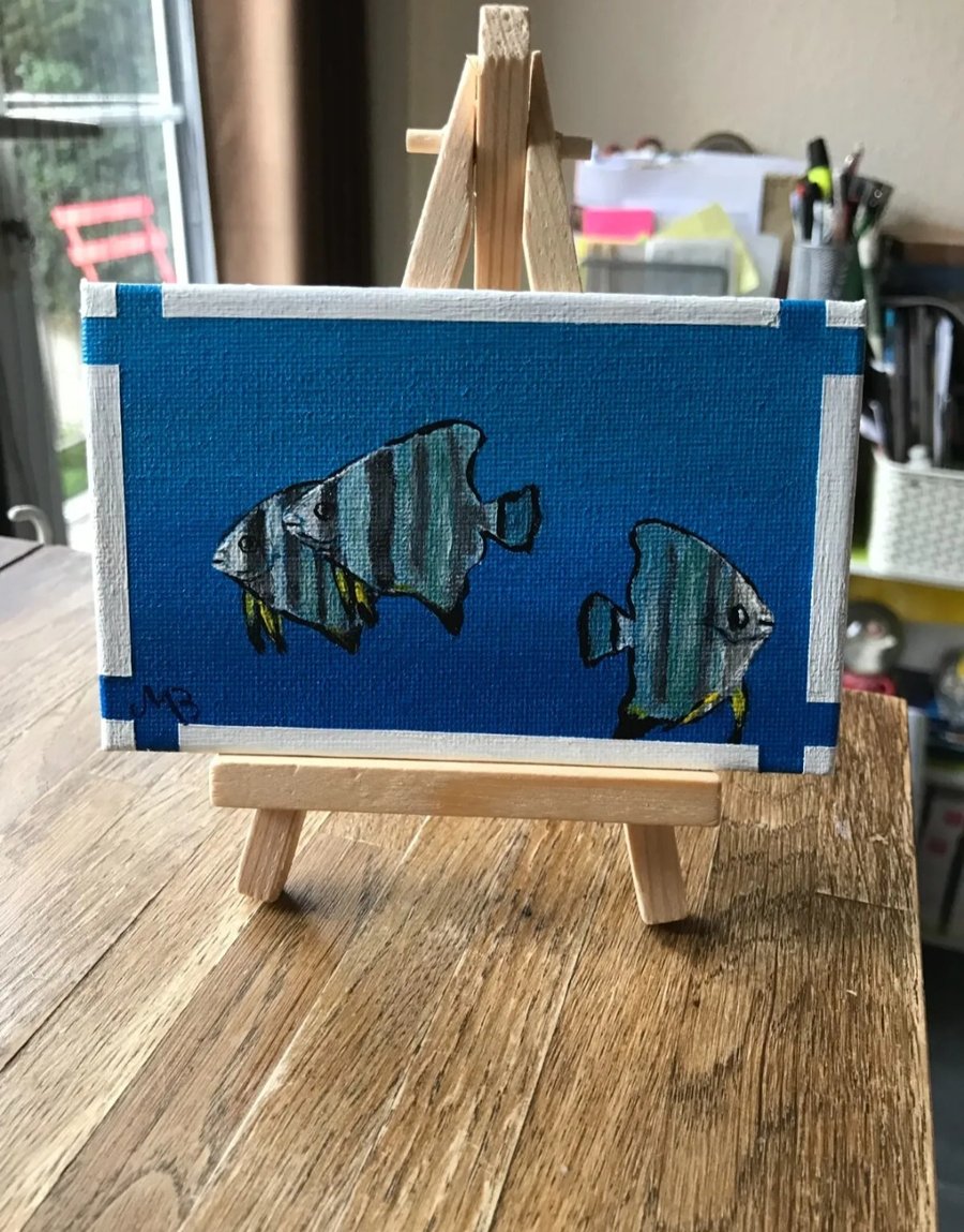 Original mini canvas board painting angel fish