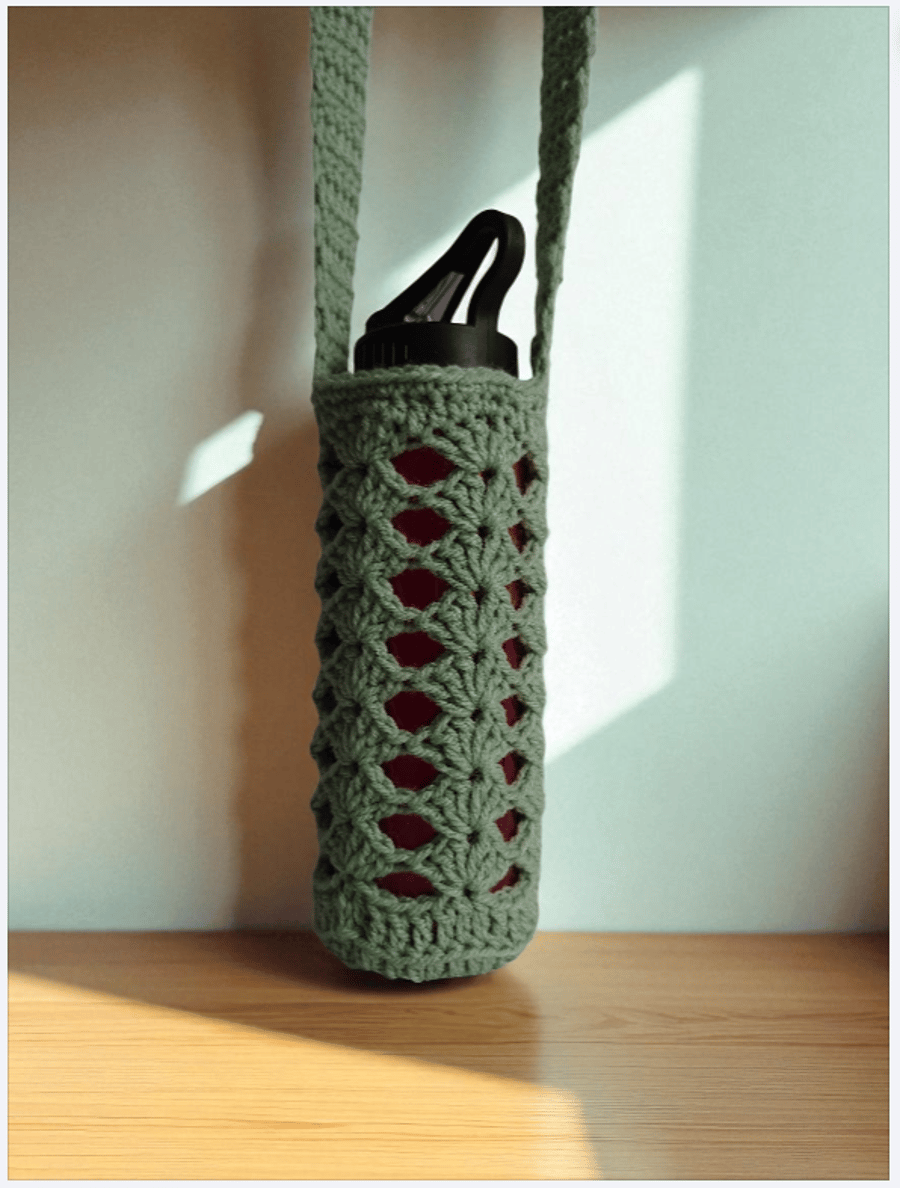 Hand Crochet Water Bottle Holder Crossbody Water Bottle Carrier - Sage Green