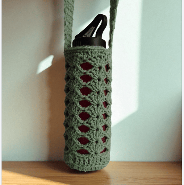 Hand Crochet Water Bottle Holder Crossbody Water Bottle Carrier - Sage Green
