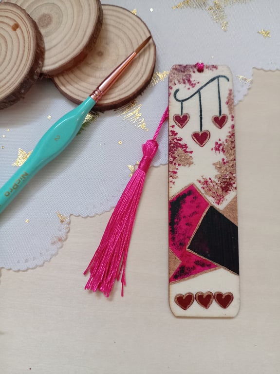 Wooden Dangling hearts bookmark