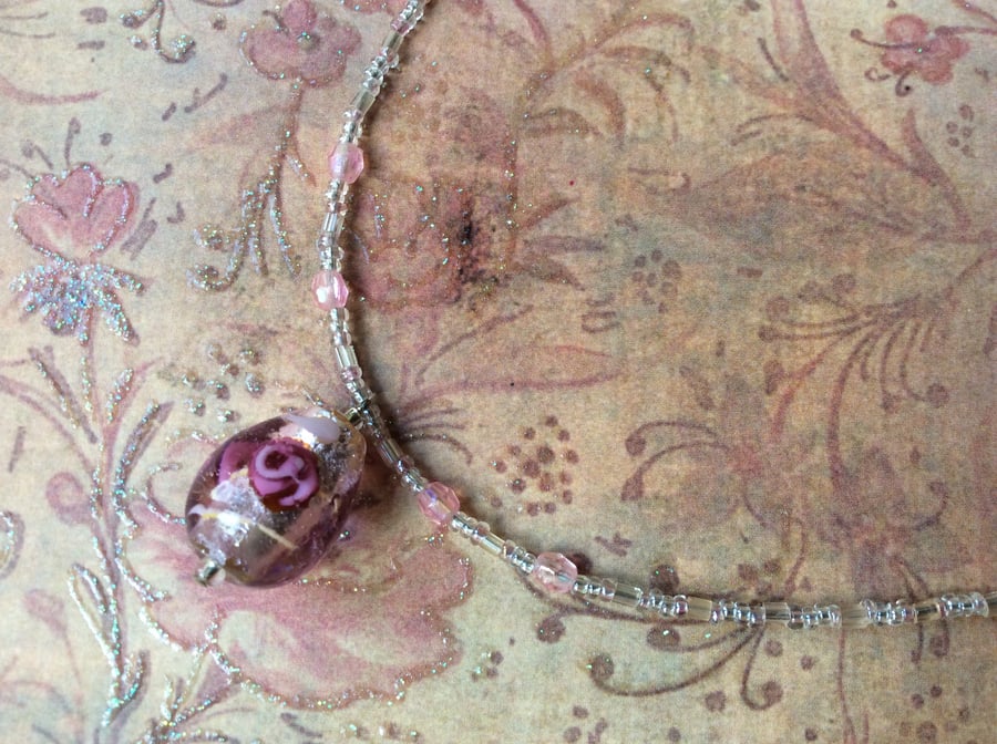 Pastel Pink Rose Lampwork Bead Pendant, Necklace