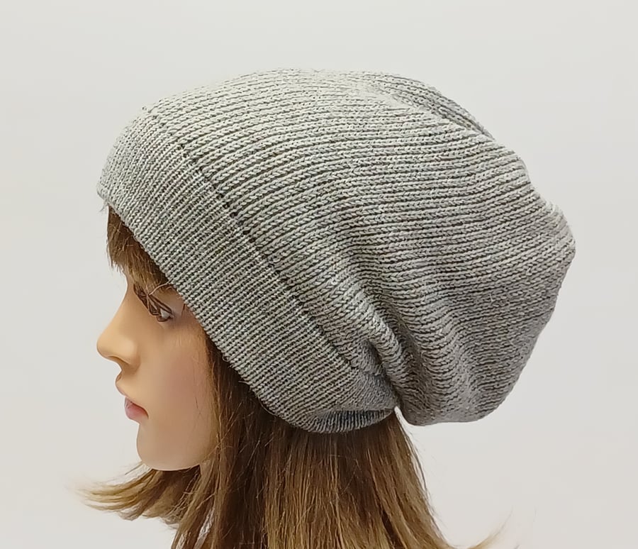 Slouch beanie, handmade knitted slouchy hat, light grey alpaca blend winter hat