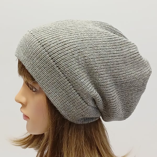 Slouch beanie, handmade knitted slouchy hat, light grey alpaca blend winter hat