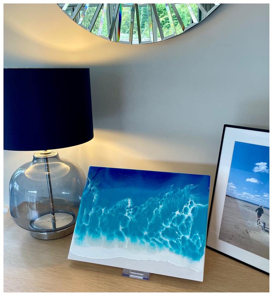 Resin wave art picture on birch wood panel