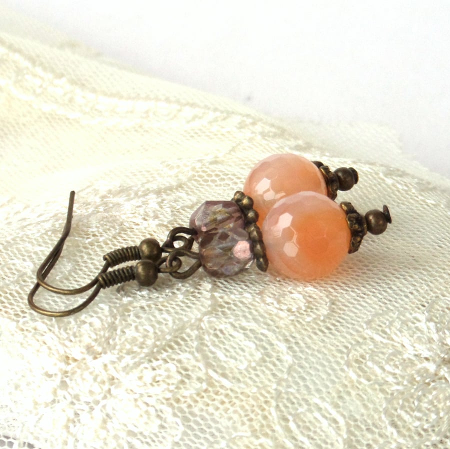 Orange banded agate and crystal bronze earrings, vintage style