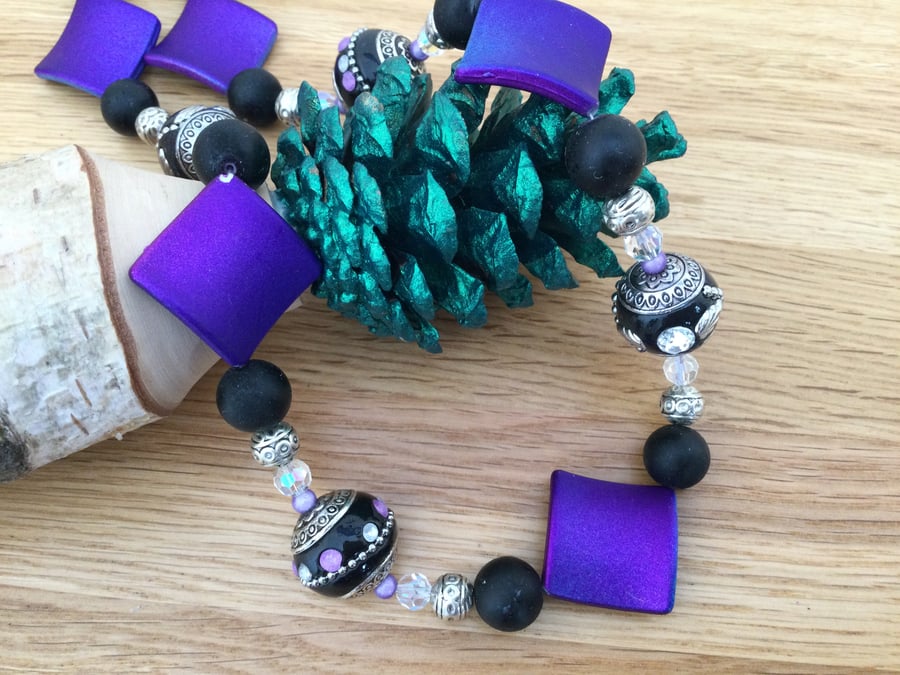Chunky Purple and Black Indonesian Style Bead Necklace