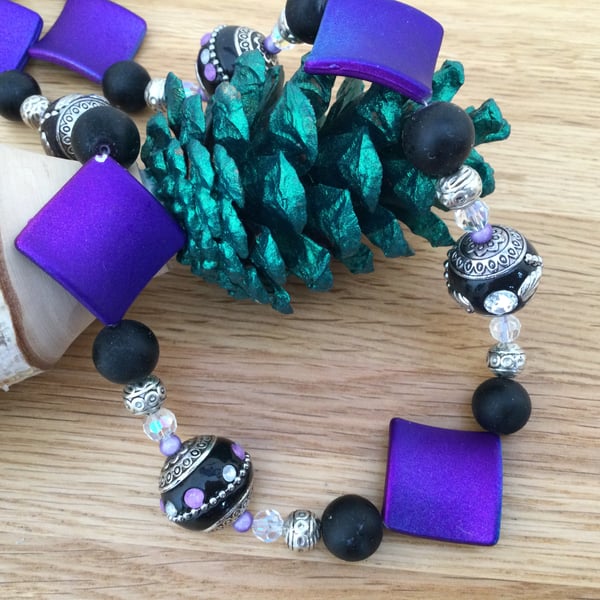 Chunky Purple and Black Indonesian Style Bead Necklace