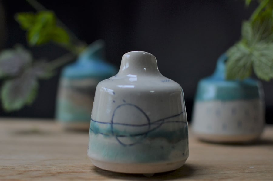 Small Seascape Ceramic Bottle Bud Vase - Beautifully glazed in sea tones