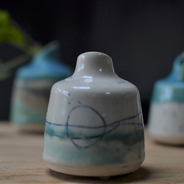 Small Seascape Ceramic Bottle Bud Vase - Beautifully glazed in sea tones