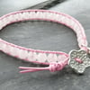 SALE pink leather & rose quartz bracelet, floral button, semi precious gemstone