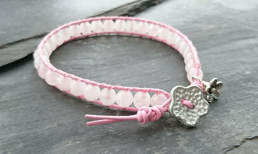 SALE pink leather & rose quartz bracelet, floral button, semi precious gemstone