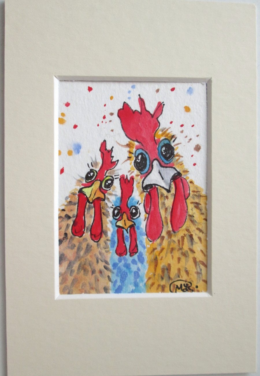 Chicken Girls miniature in a mount. ACEO Original Painting