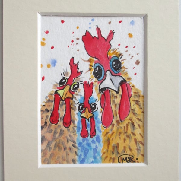 Chicken Girls miniature in a mount. ACEO Original Painting