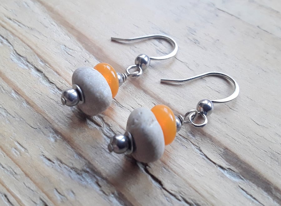 Beach Pebble Earrings with Orange