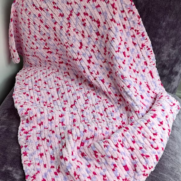 Baby Blanket Hand knitted Speckled Pink Chenille 