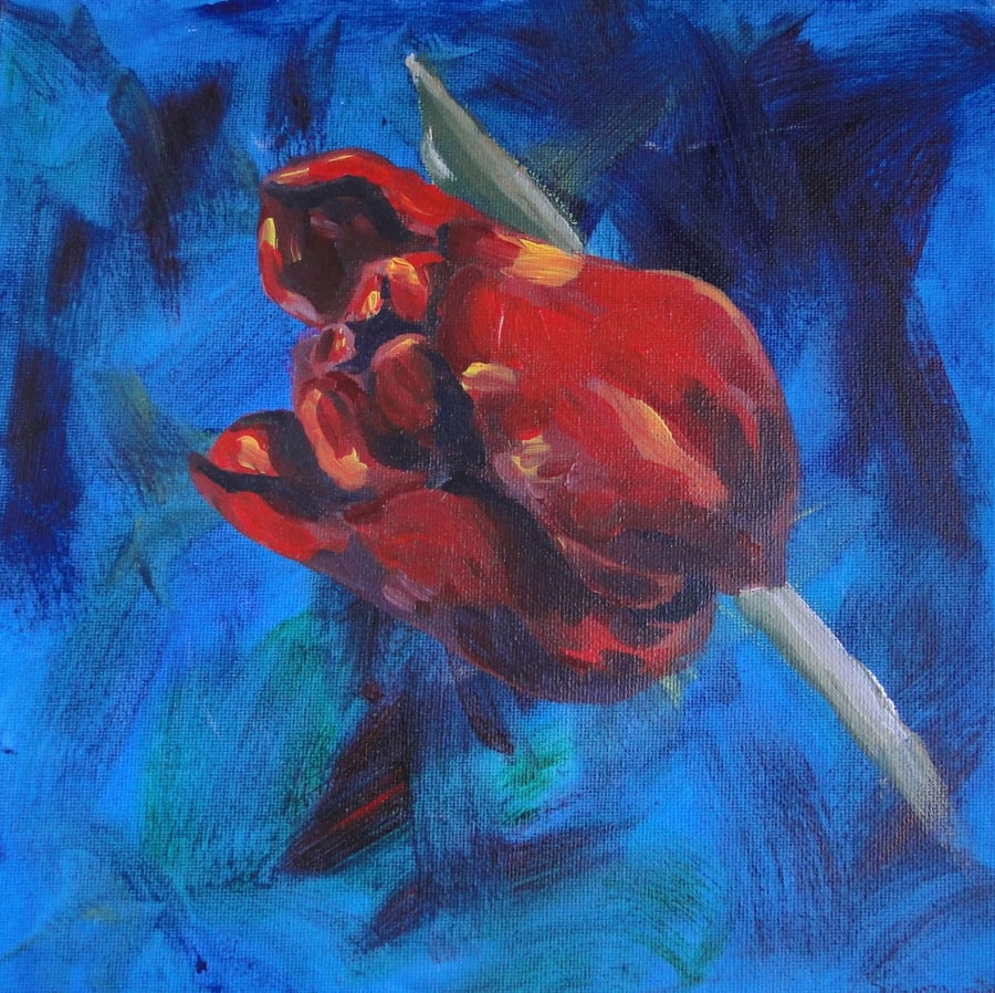 Sale Red Tulip Flower Original Acrylic Painting on Box Canvas OOAK