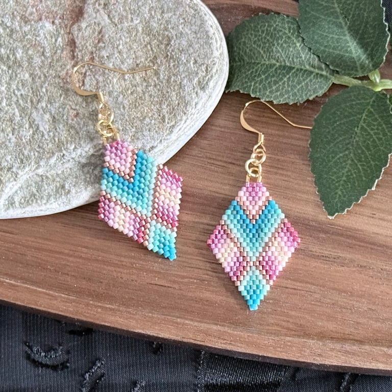 Pink and Blue Geometric Chevron Beadwork Earrings