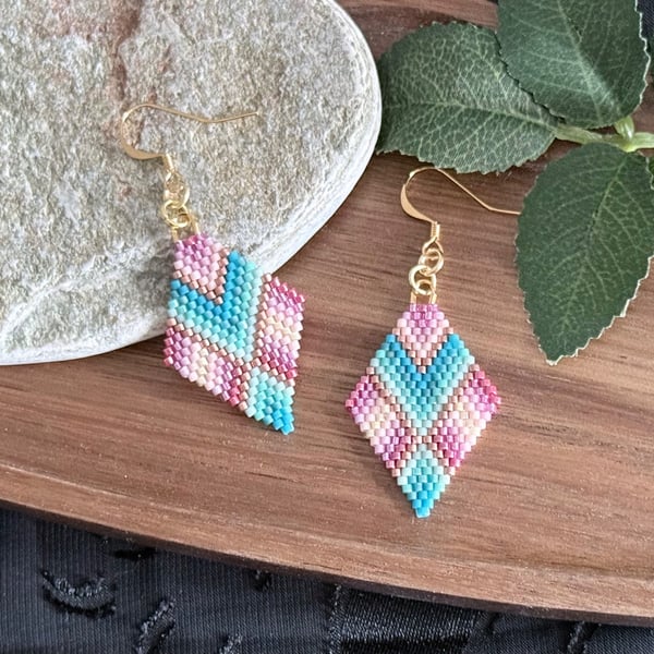 Pink and Blue Geometric Chevron Beadwork Earrings