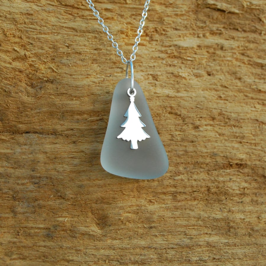 Grey beach glass pendant with Christmas tree charm