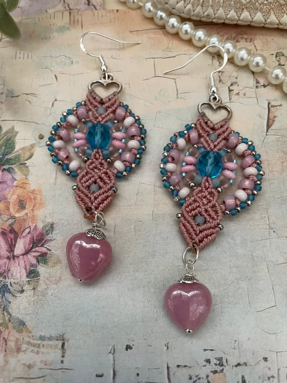 Pretty pink beaded dangle drop macrame boho earrings, yogi, hippie, summer 